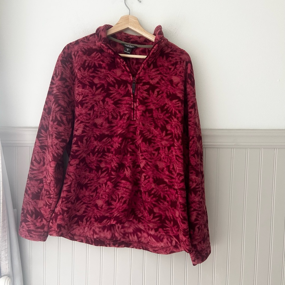 Woolrich Burgundy Leaf Pattern Fleece Pullover Sweatshirt Size XL